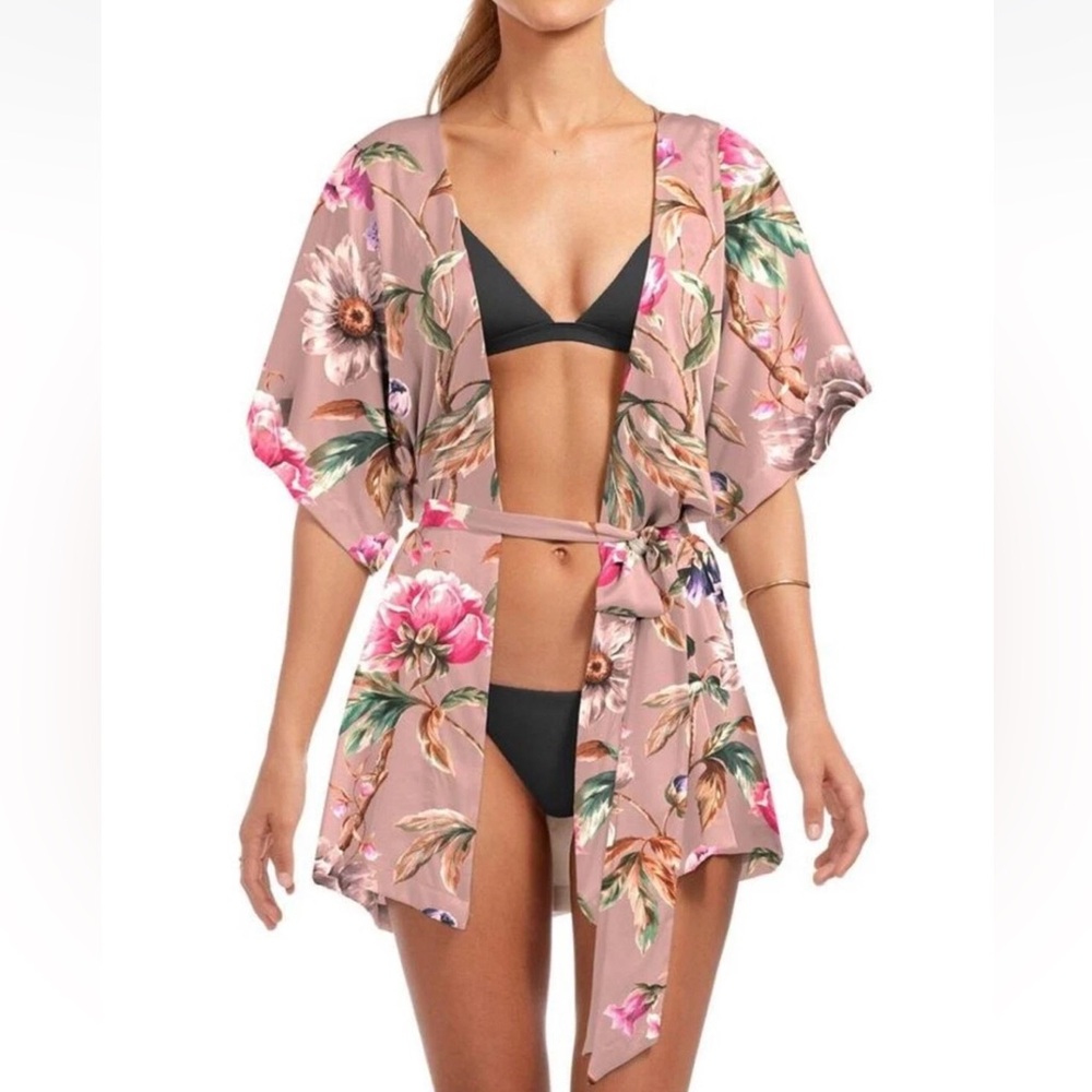 Vitamin A Silk Kimono White Ginger Floral Beach Kimono Robe Blush Pink - Size S